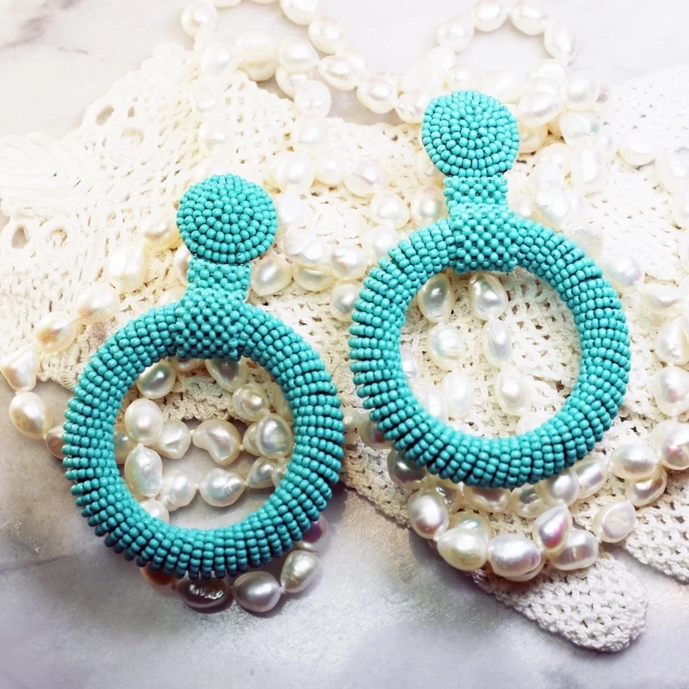 Kenneth Jay Lane Turquoise Seed Bead Hoop Earrings 🩵 NWT - Picture 3 of 15